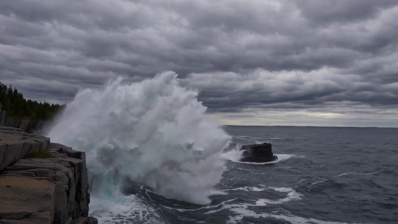 Powerful Ocean Waves Crashing Against Rocky Cliffs Under Stormy Sky