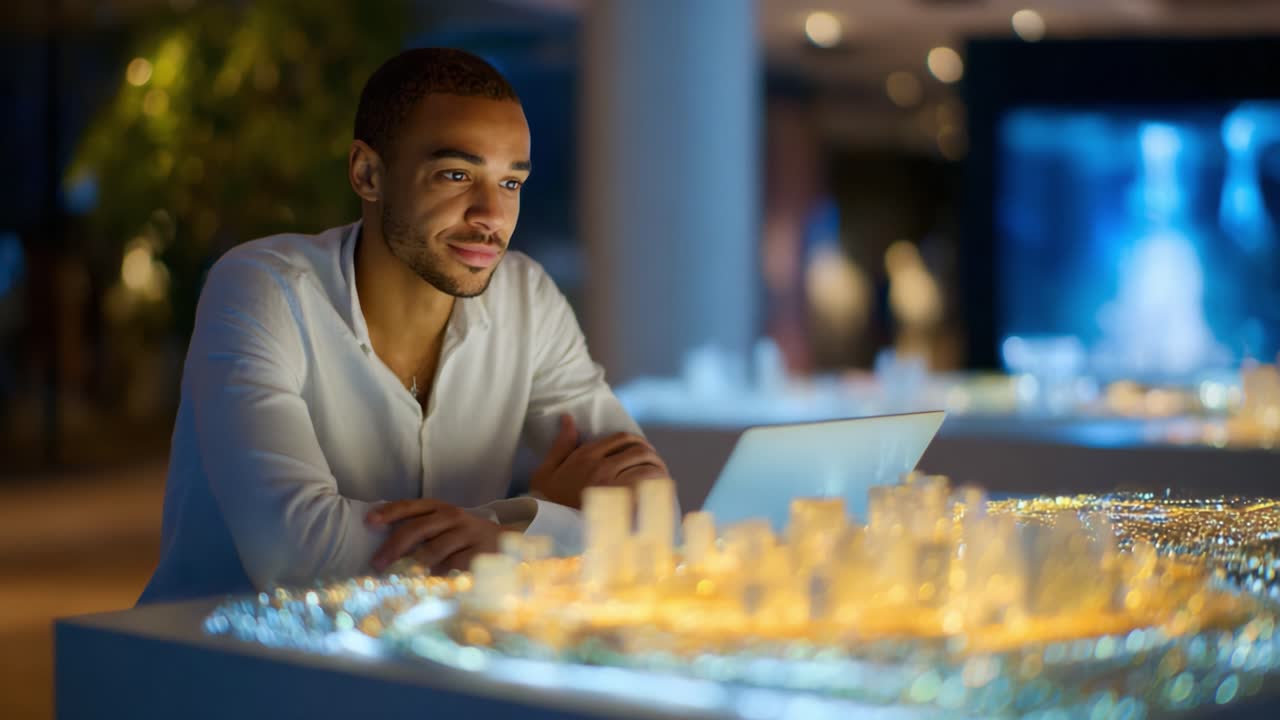 A focused individual engages with a digital interface, analyzing a detailed scale model of a city, showcasing urban planning and innovative design concepts