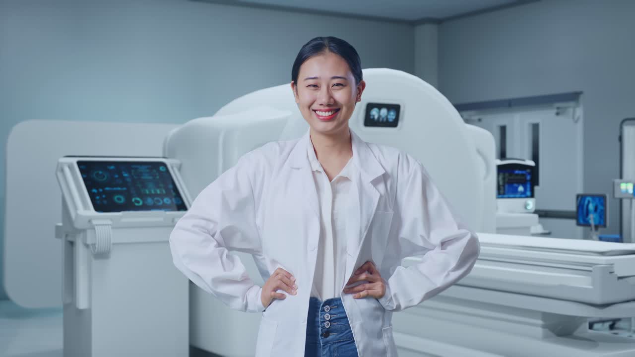 Asian Woman Doctor Putting Hands On Her Hip And Smiling With Mri Machine In The Hospital