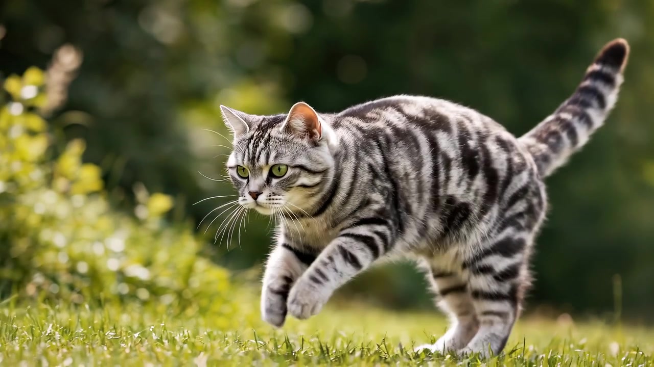 Gatto soriano argentato che salta e corre sull'erba