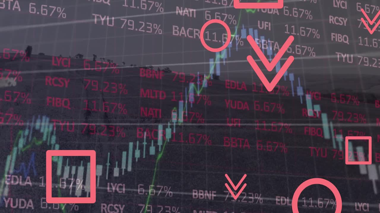 추상적인 기호가 주식 시장 데이터 처리를 통해 풀에 떨어지는 애니메이션