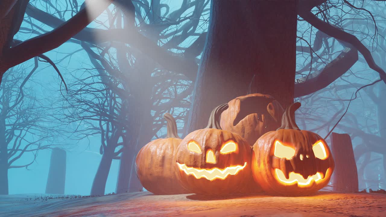 fondo de vacaciones de halloween con calabazas talladas en el bosque con la luz de la luna