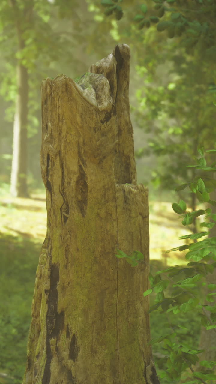 Moss covered tree stump in a serene forest during midday sunlight
