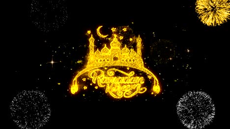 ramadan kareem text wish reveal on glitter golden particles firework.