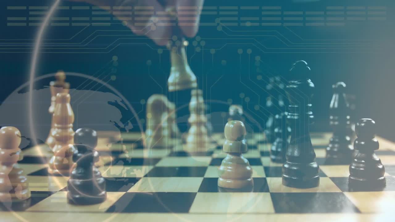 지구와 디지털 회로로 체스를 하는 남자