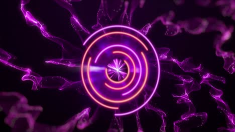 Animation-Von-Neonkreisen-über-Dem-Digitalen-Raum-Mit-Violettem-Rauch