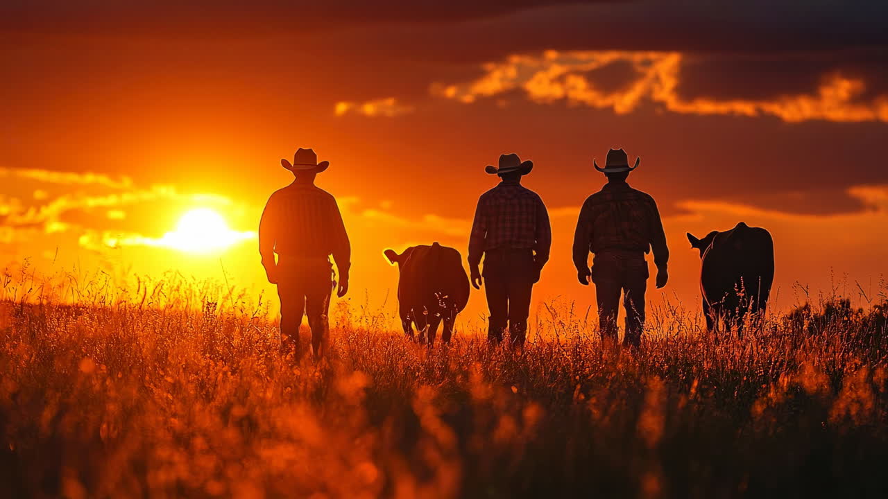Cowboys walking with cattle at sunset. A group of cowboys walk across a field with their cattle during a dramatic sunset on the horizon