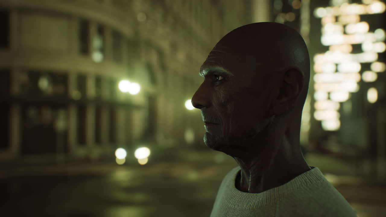 anciano asiático en la gran ciudad por la noche