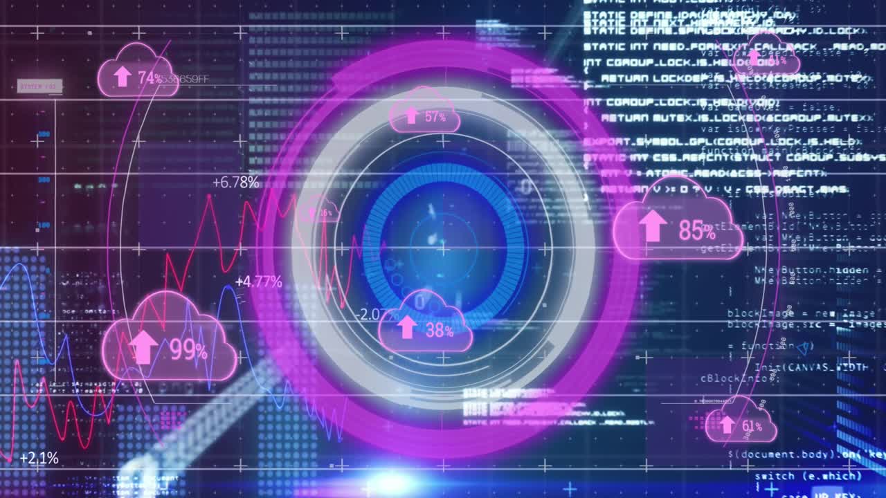 animación de nubes con carga de datos y gráficos en pantalla digital