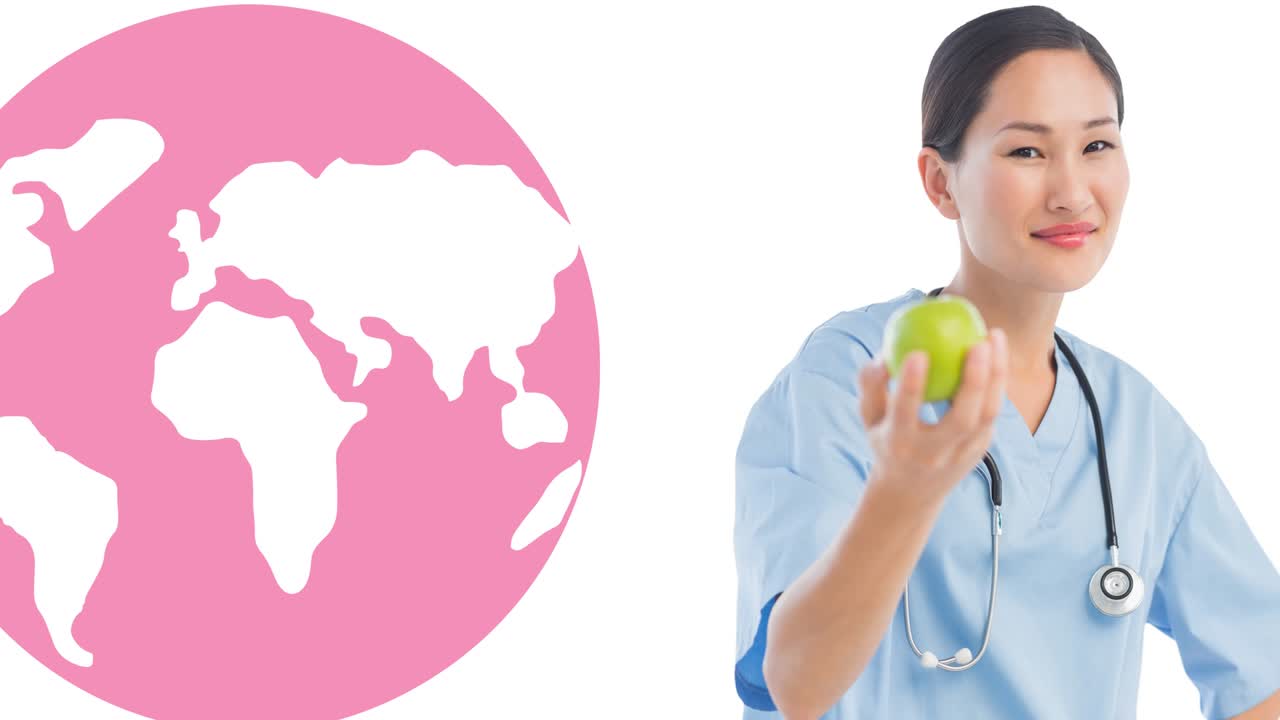 분홍색 리본 로고와 유방암 텍스트의 애니메이션이 다양한 여성 그룹 위에 있습니다.