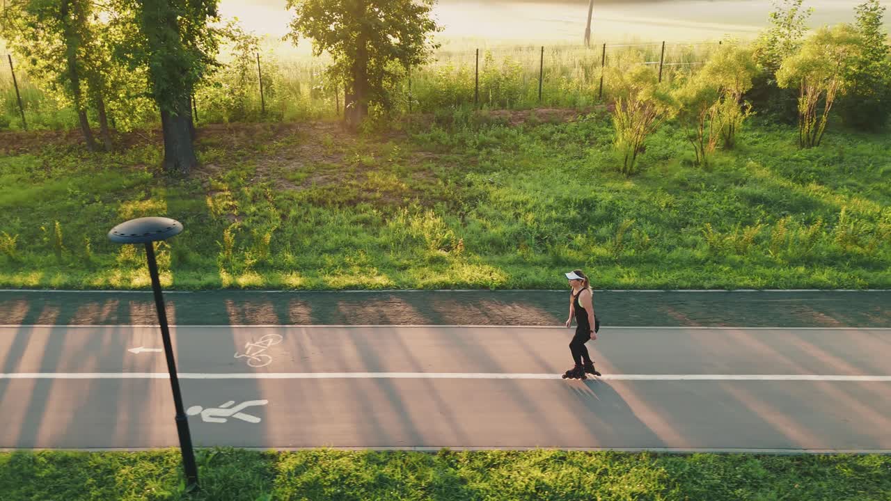 Woman Rollerblading in Park at Sunrise/Sunset
