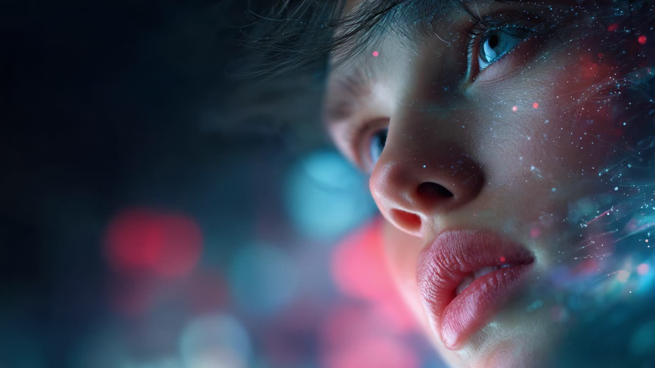 A Captivating Glimpse into a Dreamlike World: Close-Up Portrait Capturing the Ethereal Beauty and Mystique of a Young Woman's Enigmatic Expression Amidst Colorful Lights