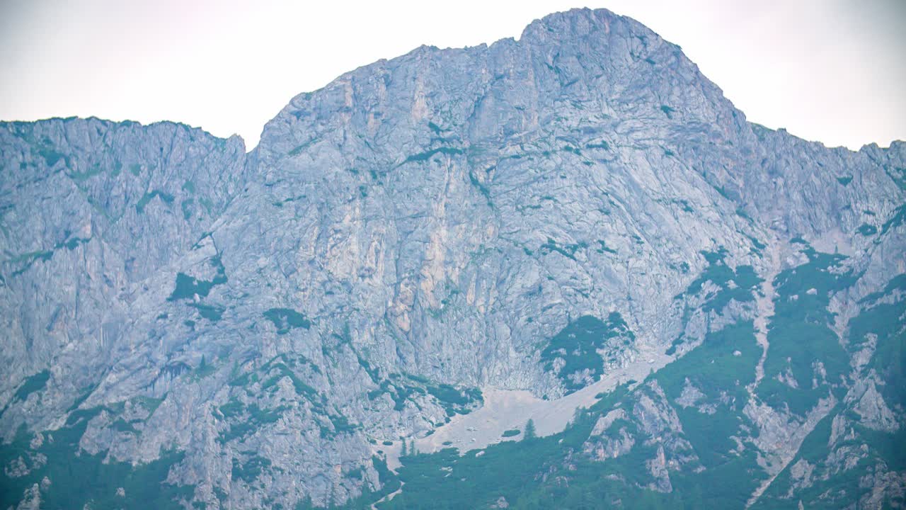 Tilt shot up from trees to mountain peaks. Beautiful landscape view. Topla valley, Slovenia