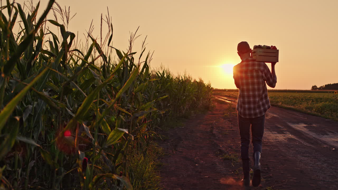 agricultor que lleva sus productos al atardecer