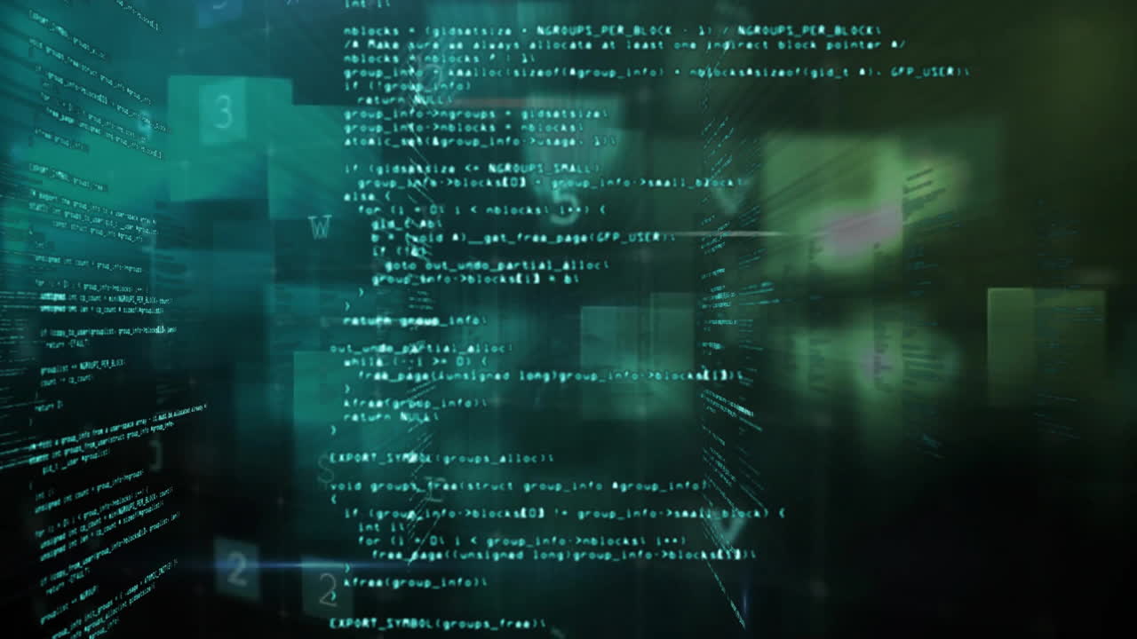 Animation of text and data processing over dark backrground