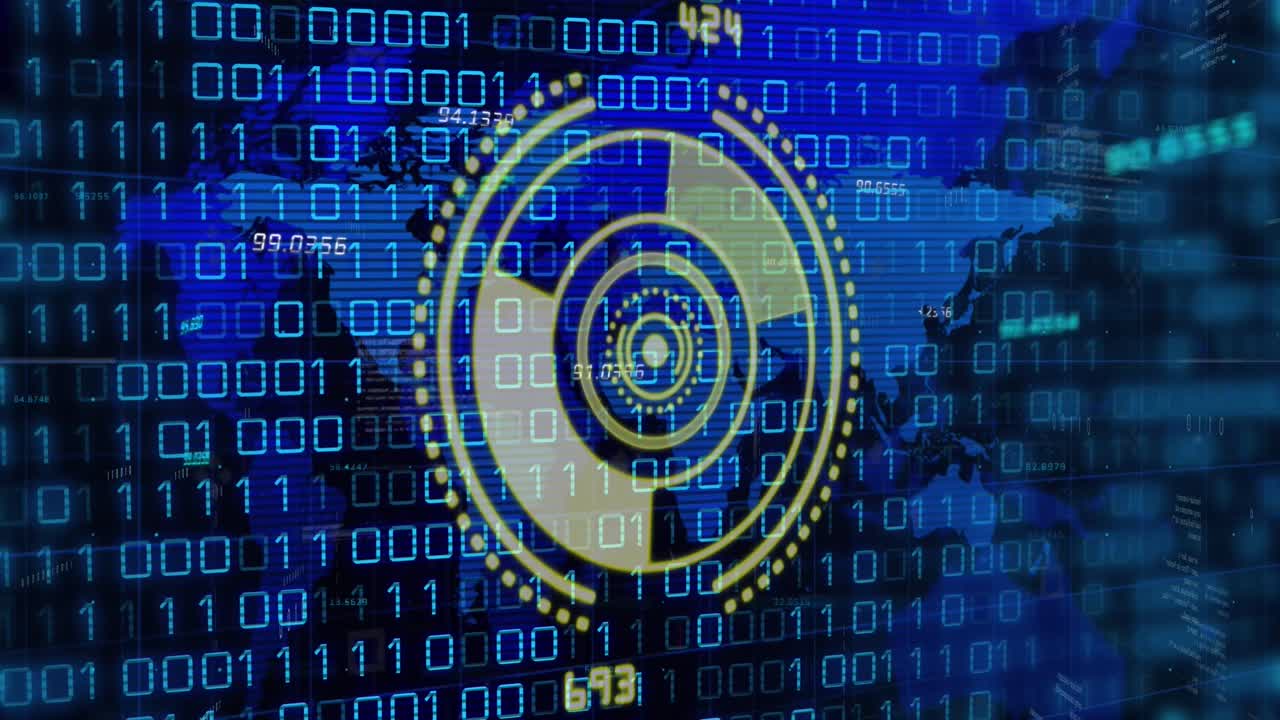 Animation of round scanner and binary coding data processing over world map against blue background