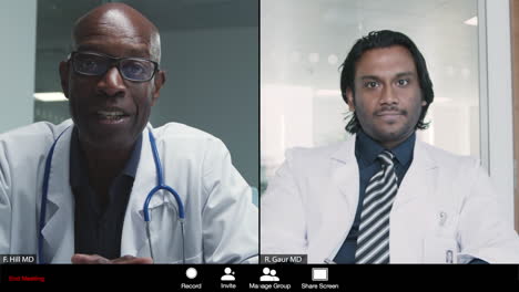 middle aged and young male doctors having video meeting