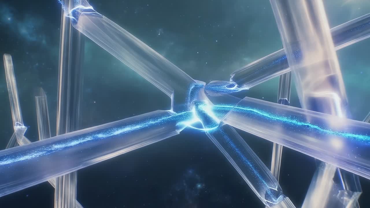 Glowing pulse sparking crystal lattice carrying blue energy flow through nebula, with tubes, nodes