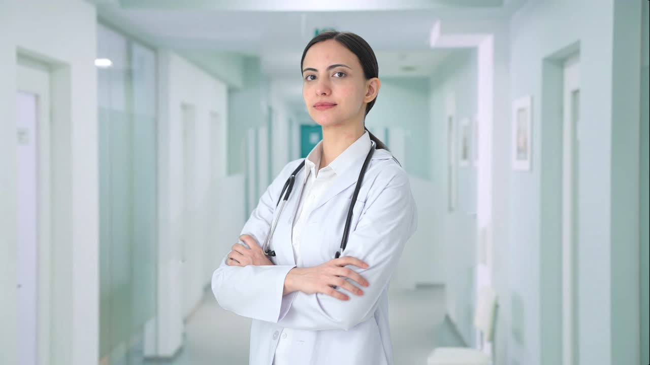 Retrato de doctora india de pie con los brazos cruzados