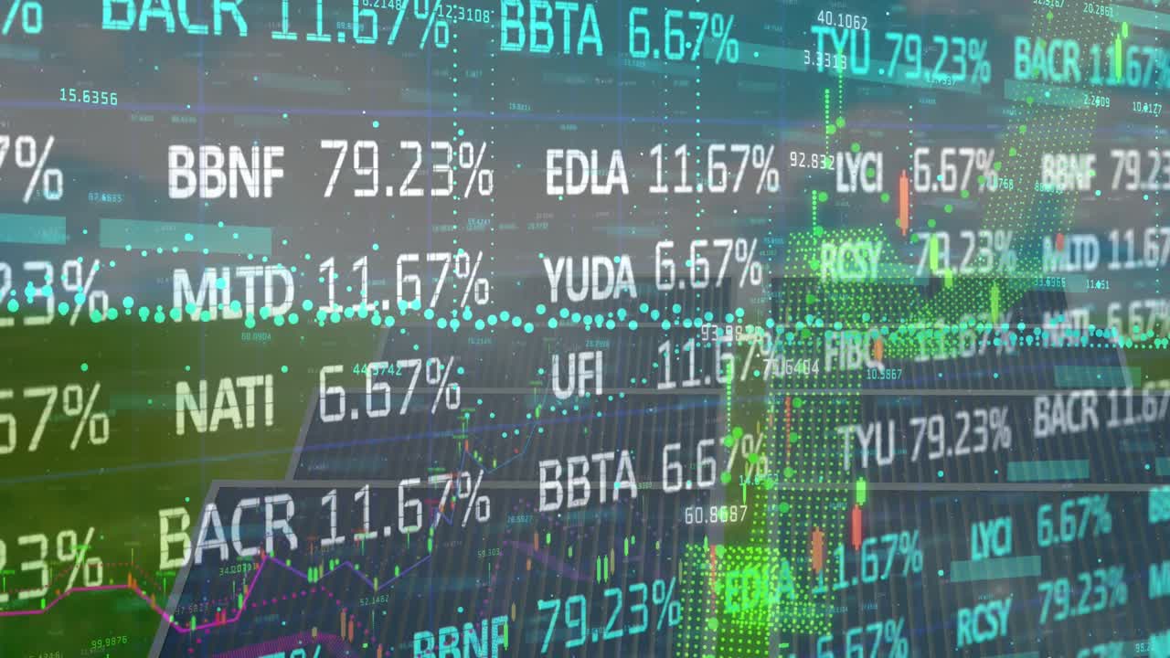 태양열 패널 위의 금융 데이터와 그래프의 애니메이션