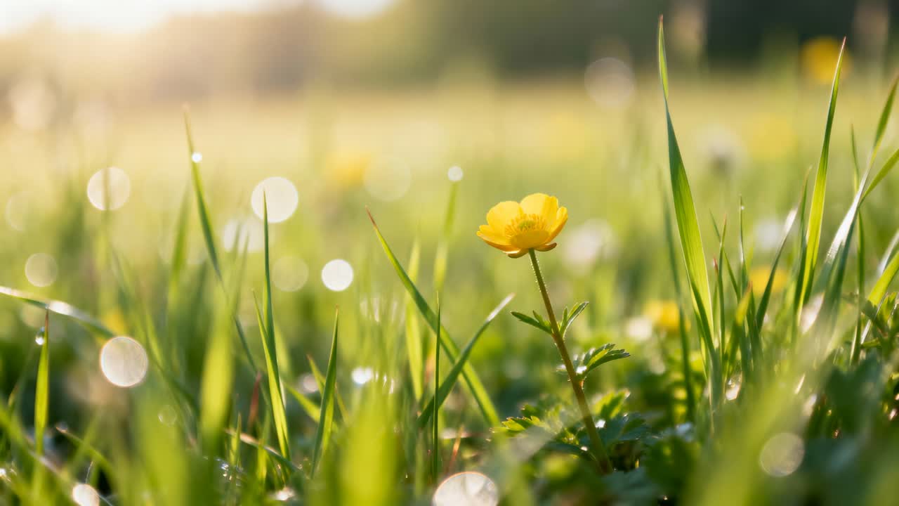 Rising yellow buttercup responding to warm sun, shifting focus with dew-dotted grass sparkling