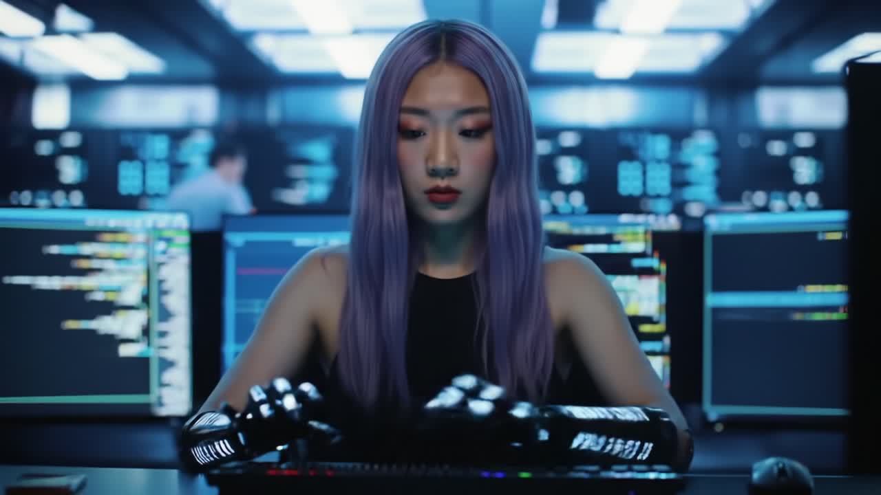 A Focused Programmer Analyzing Data in a Futuristic Control Room Surrounded by High-Tech Screens and Advanced Coding Interfaces