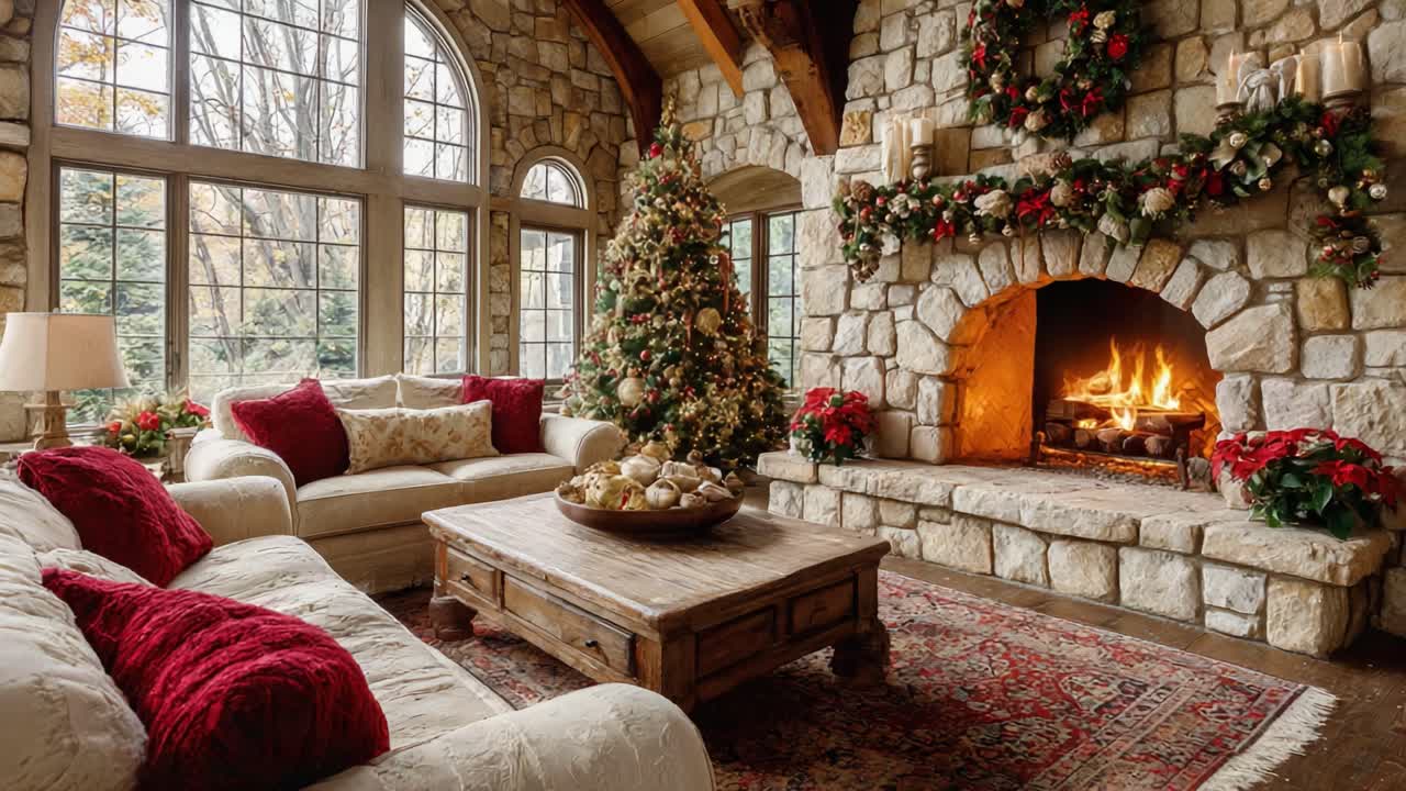 A Cozy Holiday Living Room Featuring a Beautifully Decorated Christmas Tree and Festive Fireplace, Perfect for Celebrating the Warmth of the Season