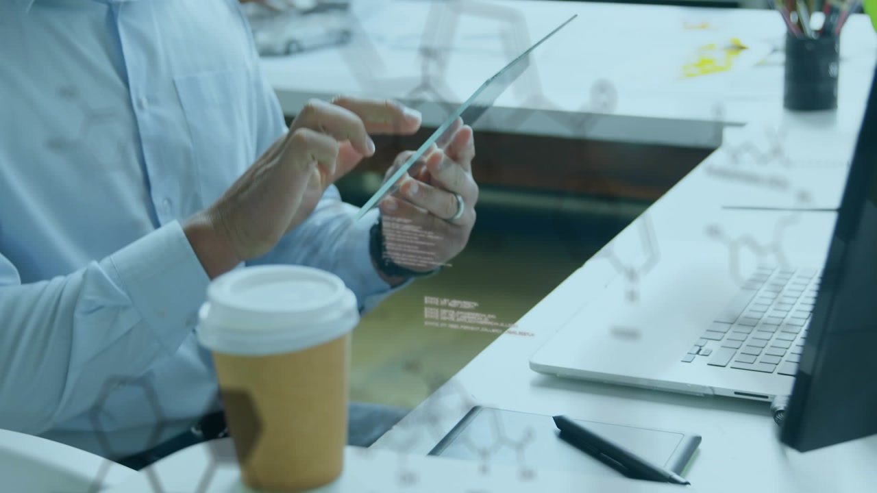 Animation of data processing and chemical formula over caucasian man using tablet