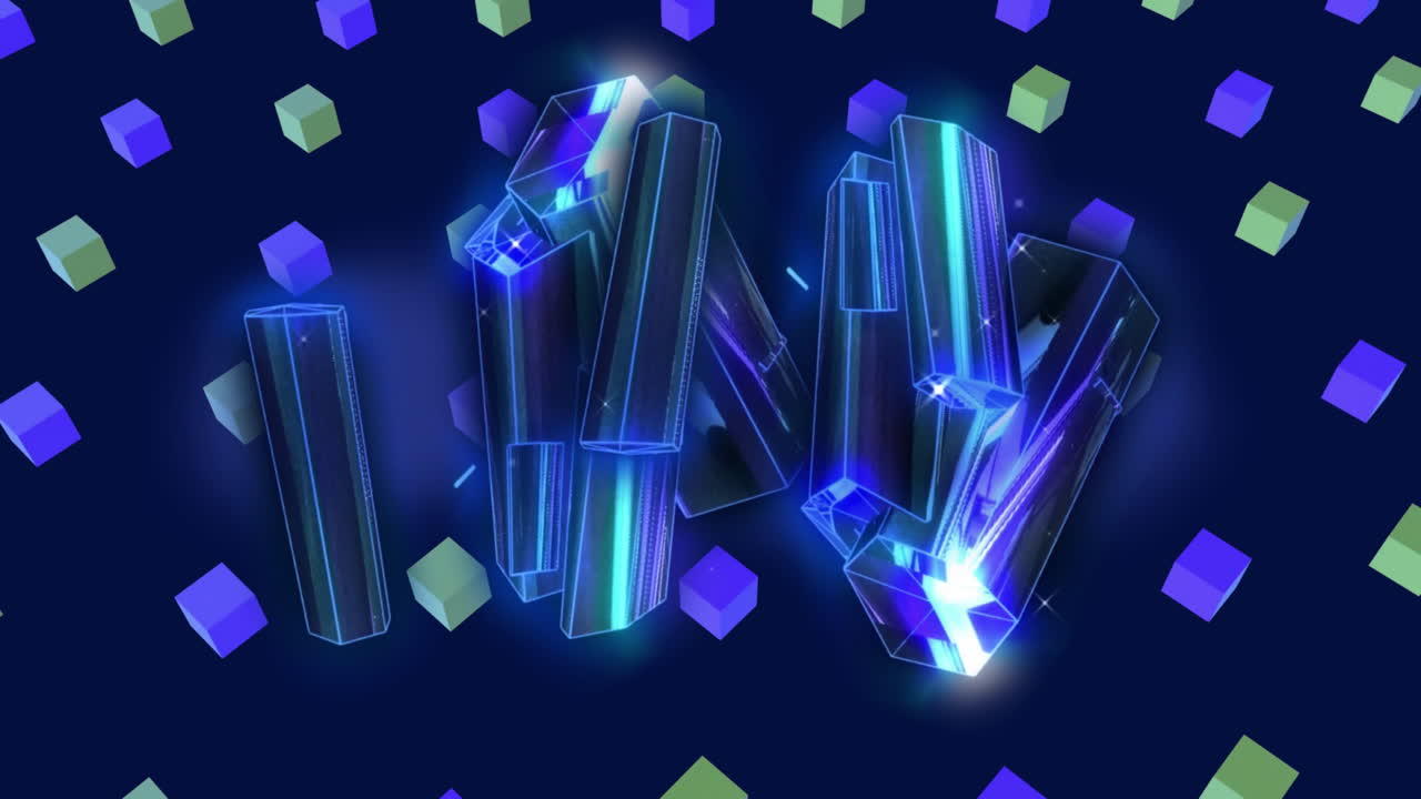Glowing geometric shapes and cubes animation over dark blue background