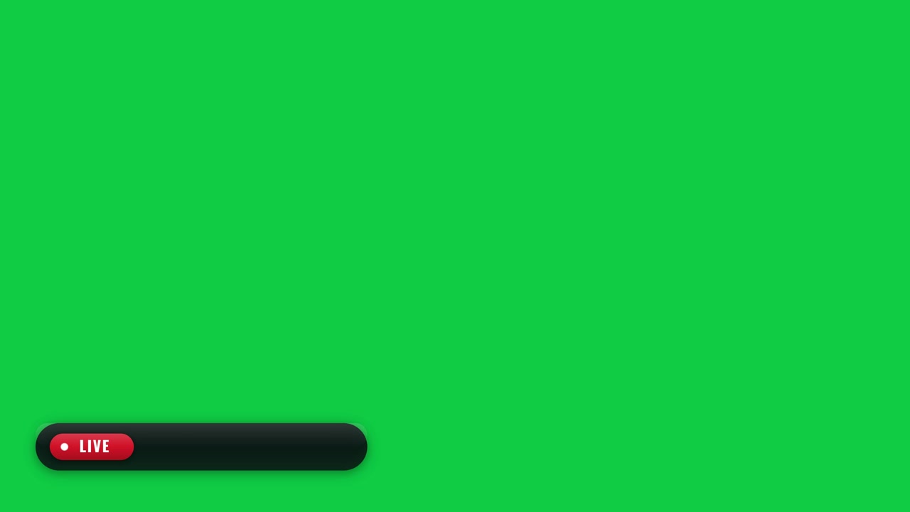 Grafica in terzo inferiore per trasmissione in diretta con testo e punto rosso su sfondo green screen.