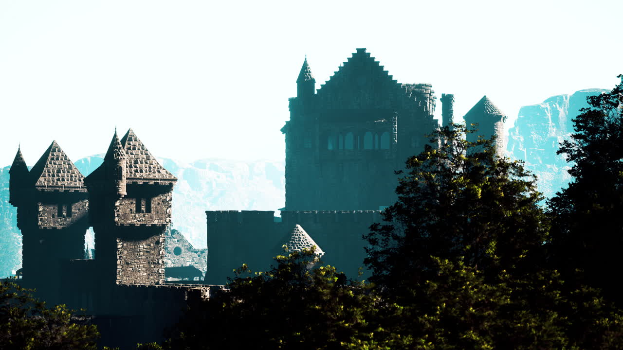 un místico castillo medieval en un paisaje boscoso