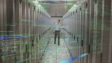 animación del procesamiento de datos contra un ingeniero caucásico caminando en la sala del servidor de computadora