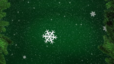 animación de nieve cayendo y abetos sobre fondo rojo