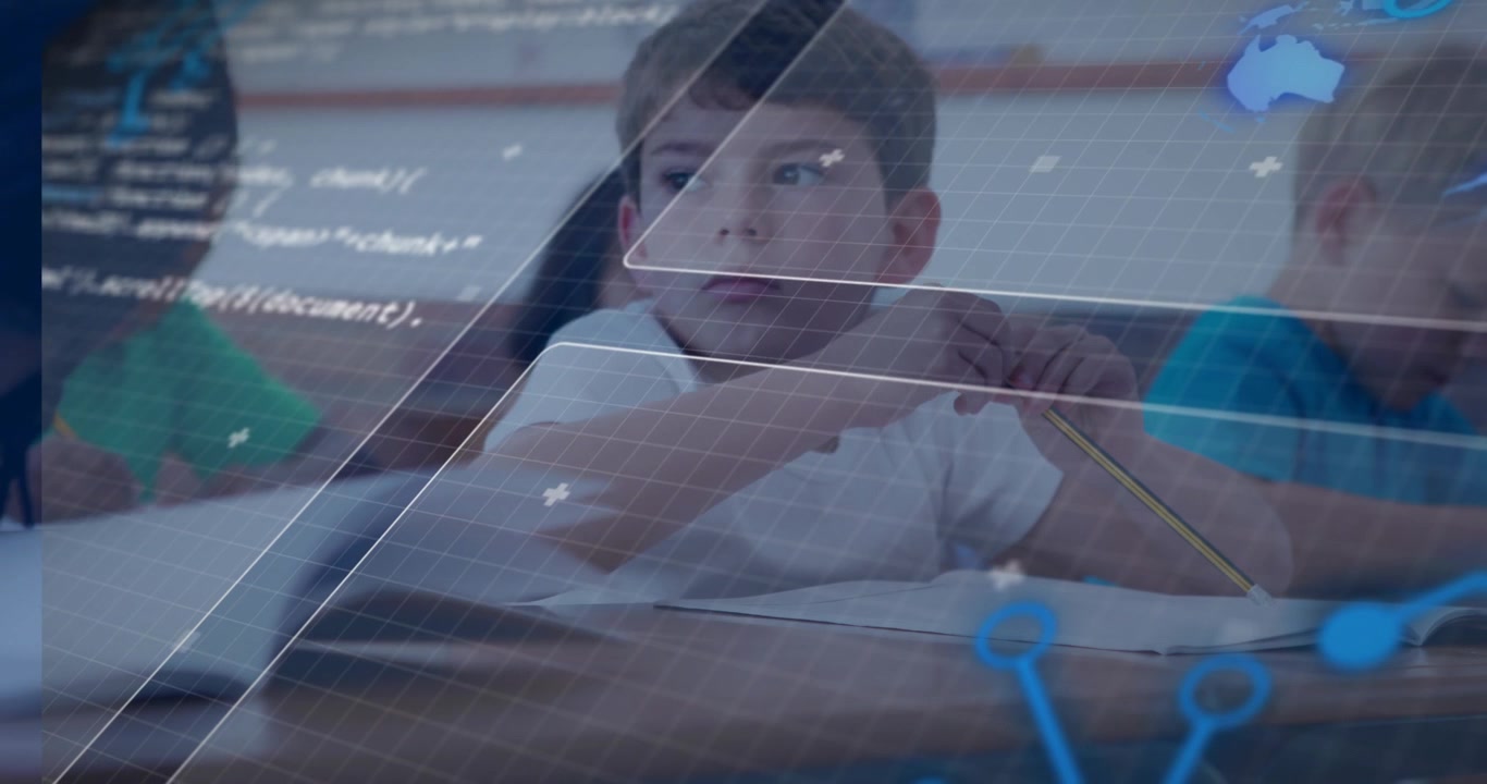 Center boy picking pencil in classroom activating digital grids and nodes while writing notes
