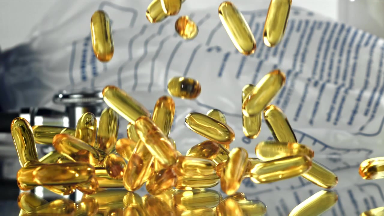 Capsule Omega-3 dorate che cadono al rallentatore con sfondo medico