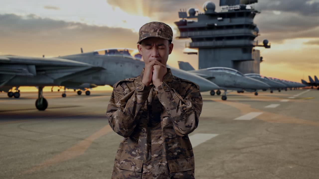 Military personnel praying on an aircraft carrier