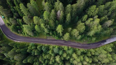 carretera de montaña vacía a través de un bosque de pinos en las montañas dolomitas del norte de italia, vista superior de drones aéreos pan izquierda revelar tiro