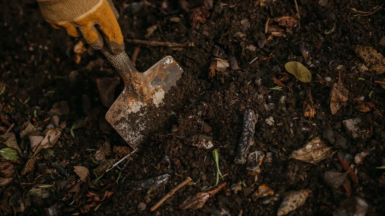 Punta di vanga che preme, mano con guanto giallo che raschia e solleva il compost nel contenitore da giardino, esponendo la cavità