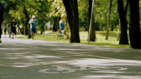 Crowd-of-urban-population-enjoying-early-morning-walk,-exercising-and-riding-bicycle-early-in-park-during-the-weekend-break-recreational-activities