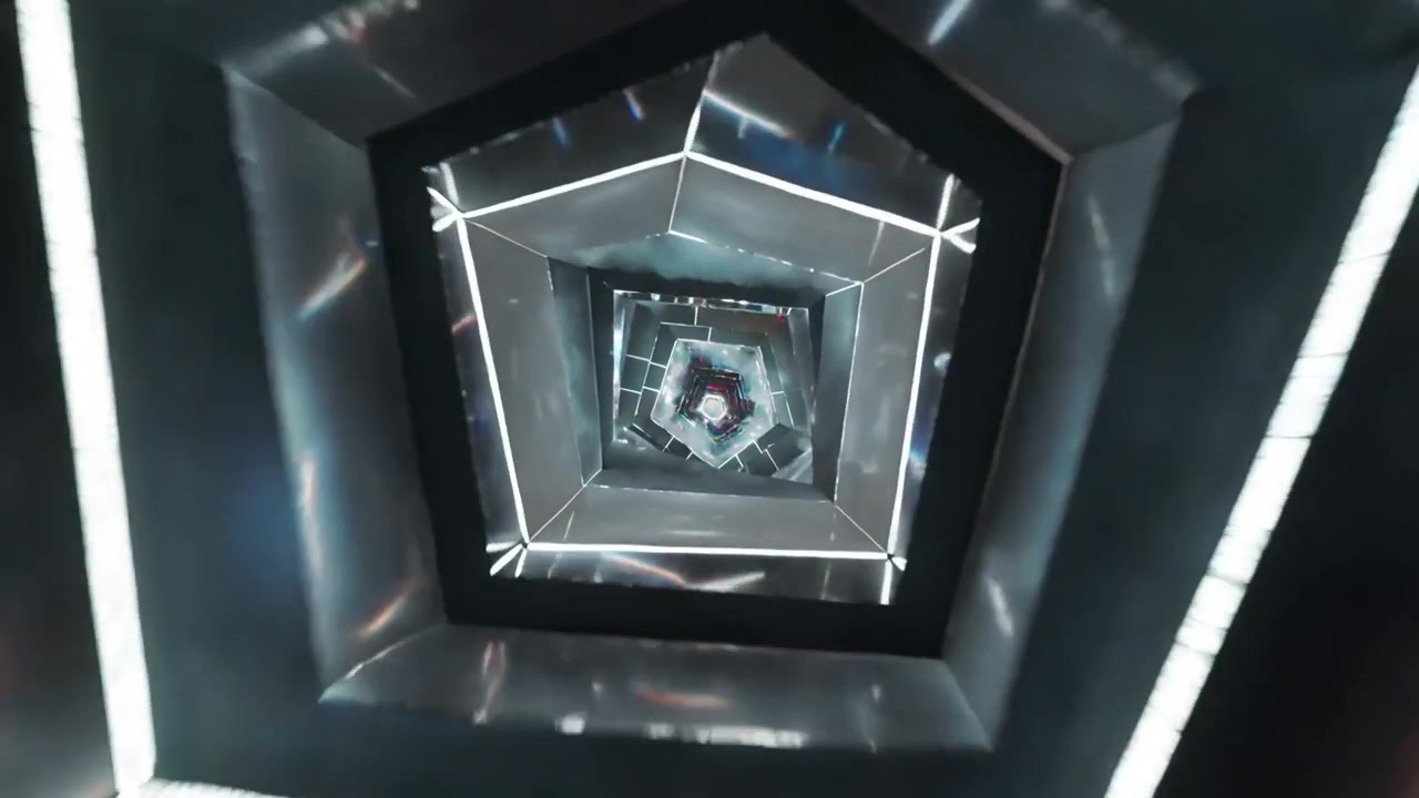 Panning camera causing mirrored pentagon tunnel rotating and scaling with LED seams revealing depth