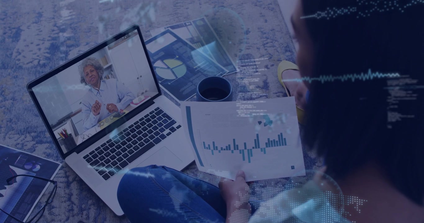 Man with chart at laptop, host speaking, overlays rising over chart then fading for business review