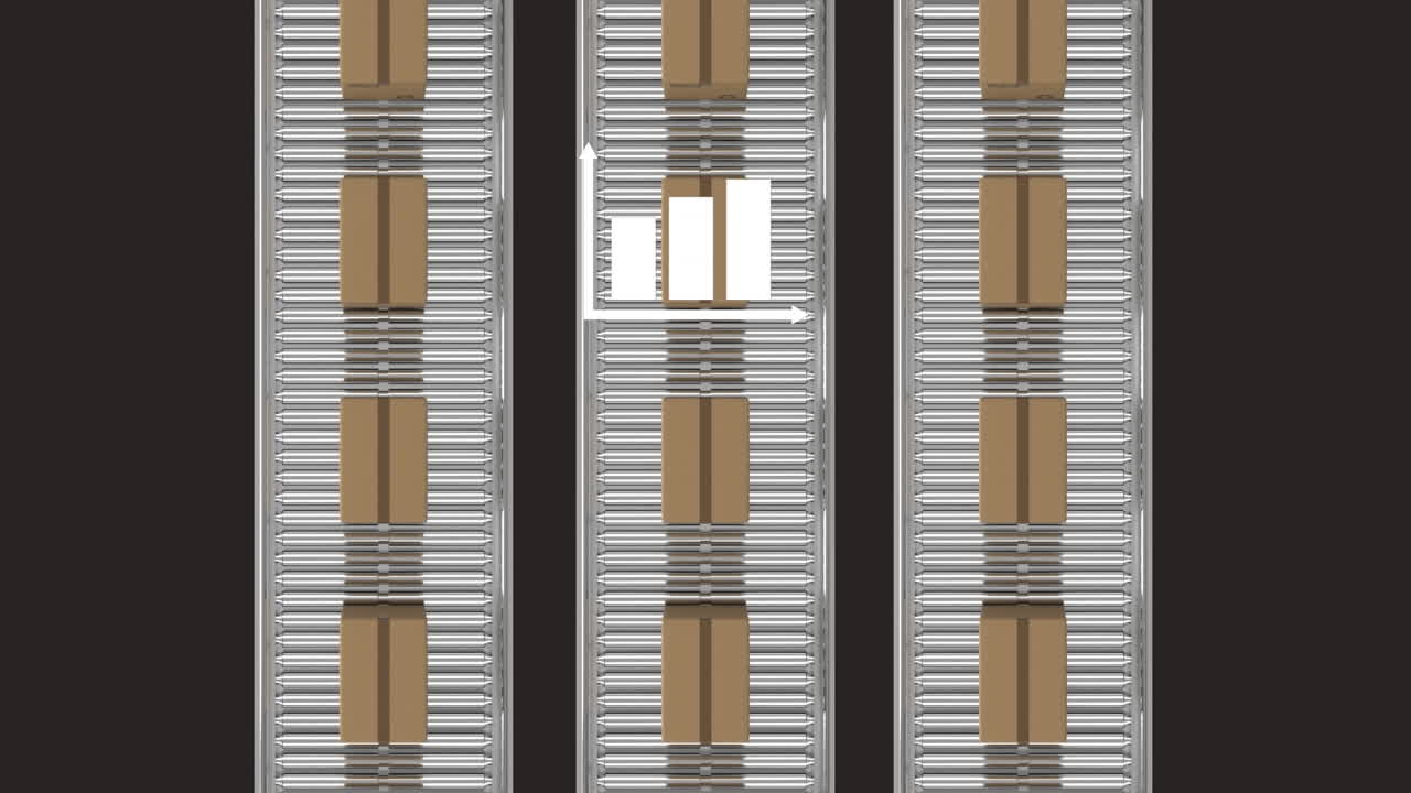 배경에 있는 컨베이어 벨트에 있는 카드보드 상자 위의 통계의 애니메이션