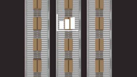 animation of statistics over cardboard boxes on conveyor belts in background
