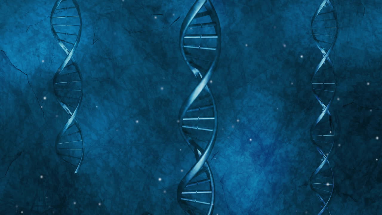 Animazione di punti luminosi su filamenti di DNA su sfondo blu