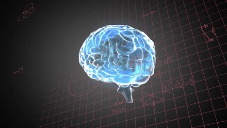 Animation-of-mathematical-equations-over-spinning-human-brain-icon-against-black-background