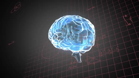 animación de ecuaciones matemáticas sobre el icono del cerebro humano giratorio contra un fondo negro