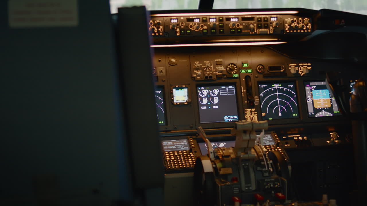 Empty airplane cockpit with dashboard and control panel