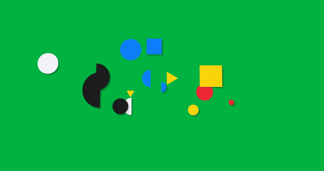 Ingresso dal bordo che inizia, forme colorate che si muovono, si ridimensionano e si disperdono su un campo trasparente formando un layout.