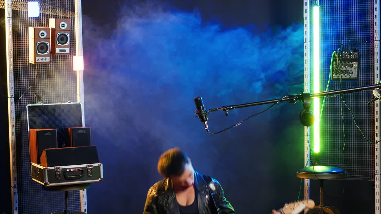 Woman Performing Music with Guitar and Microphone