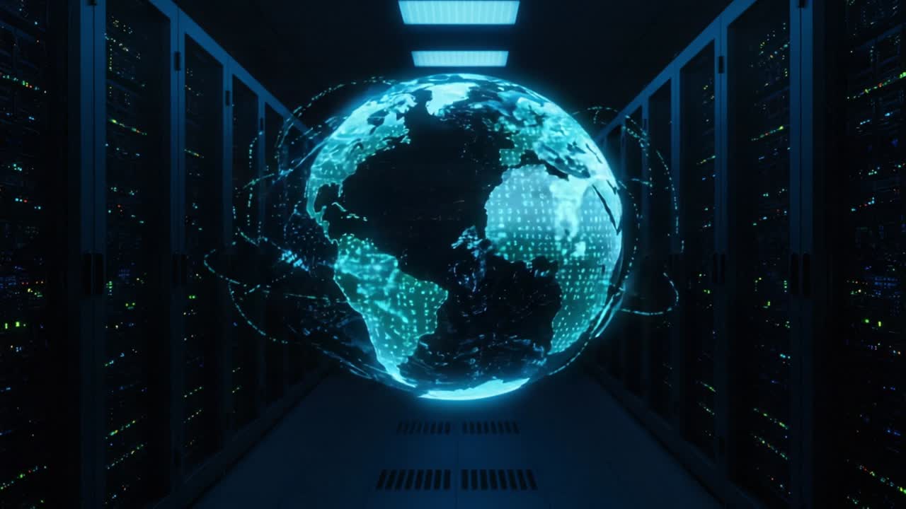 A Stunning Digital Representation of the Earth Surrounded by Data Streams Illuminated in a Server Environment, Highlighting Global Connectivity and Technology Advancements